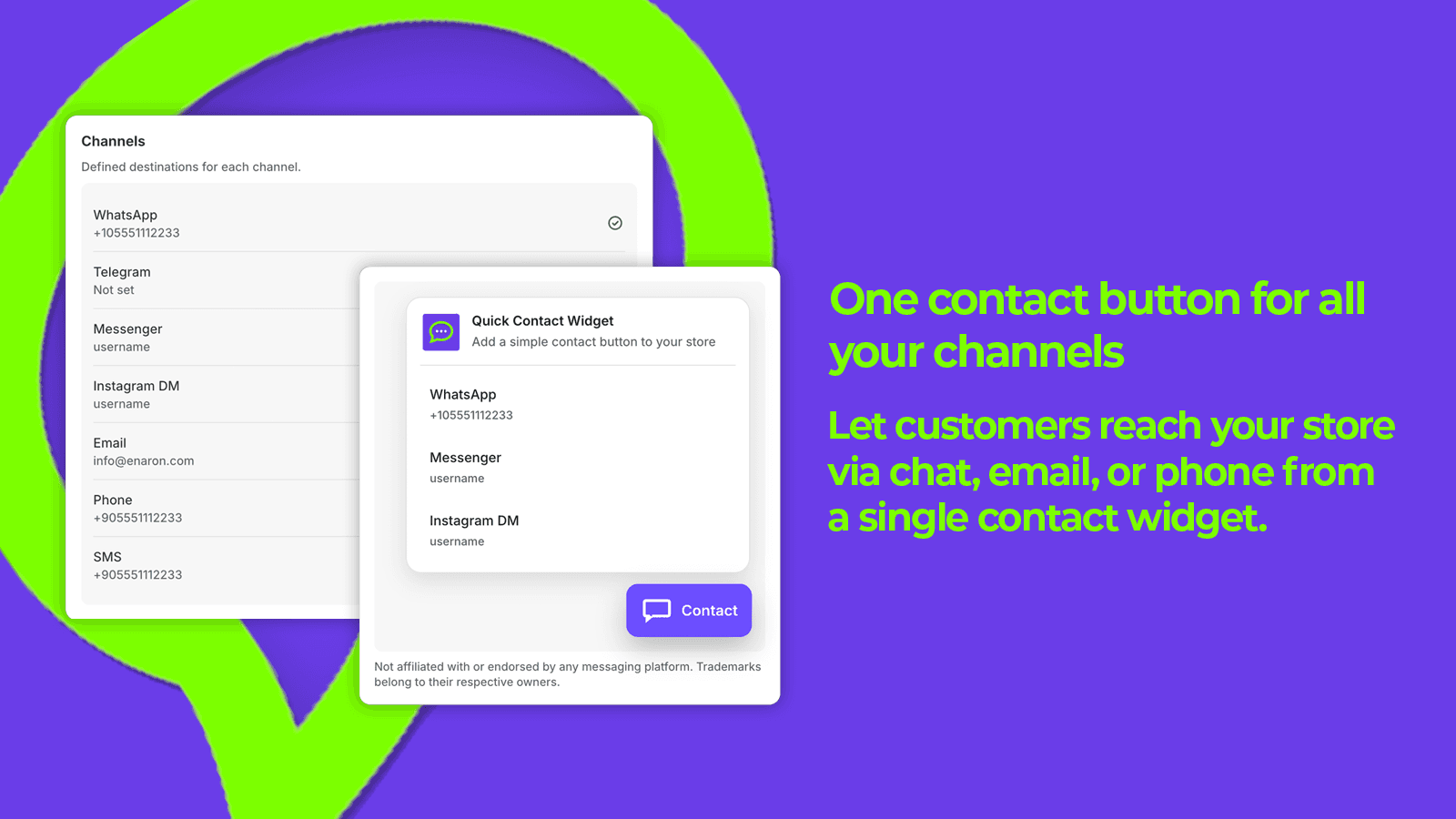 Contact widget showing multiple communication channels in one pa