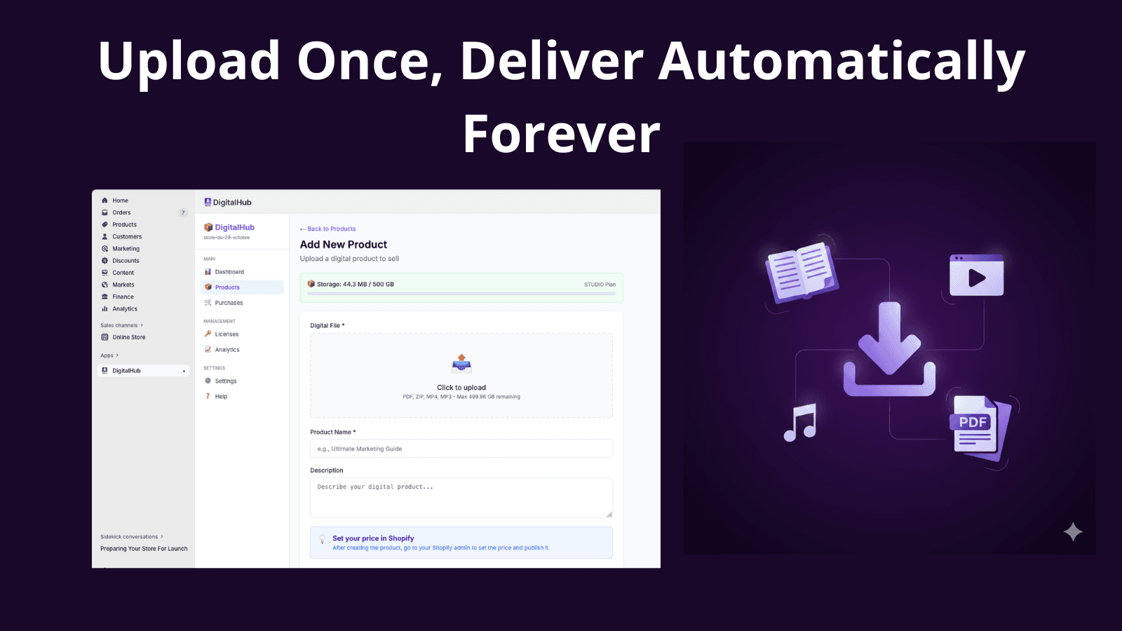 Digital product upload interface with file types support