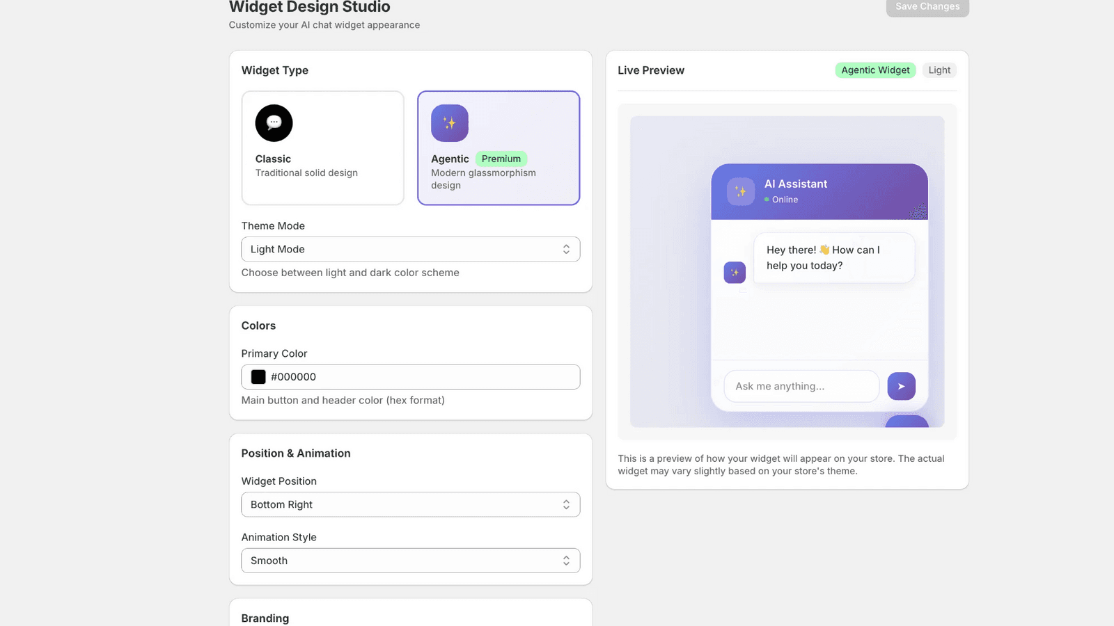 Sigma Agent Widget Design Studio interface showing customization
