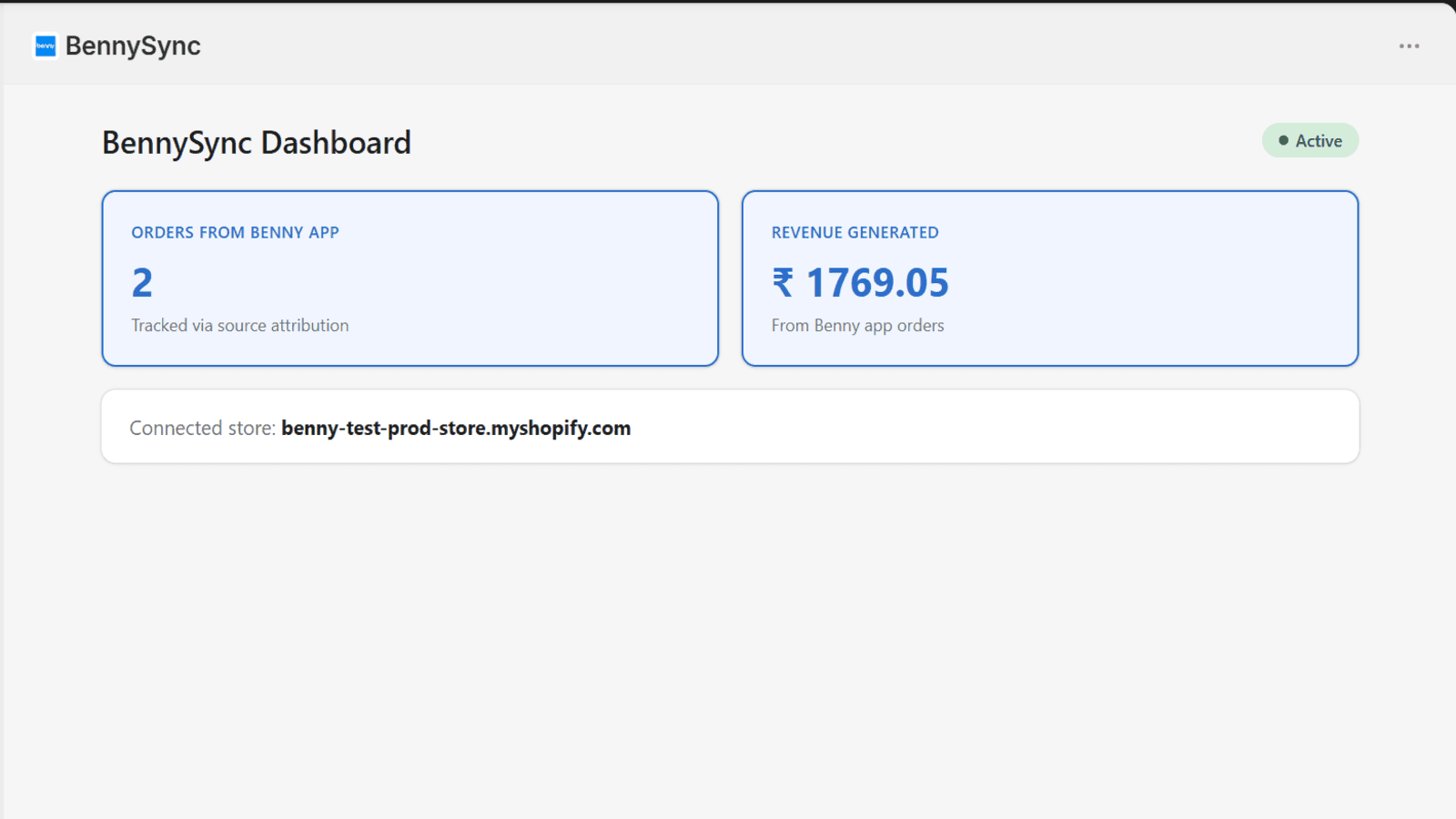 BennySync dashboard showing orders and revenue from the Bennyapp
