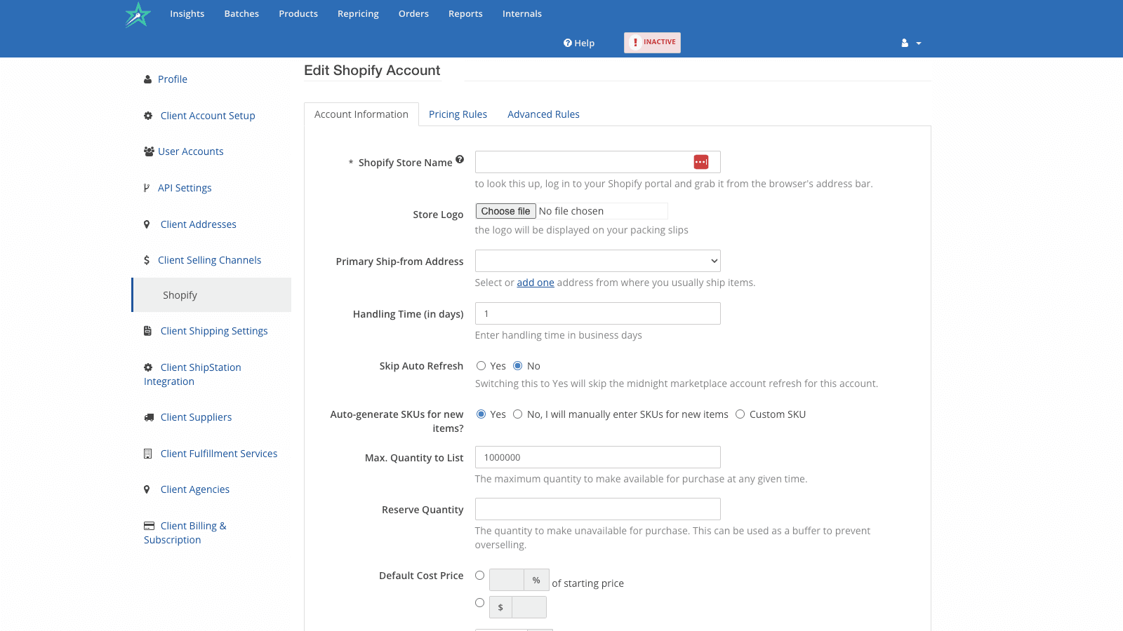 Easily add your Shopify store with default settings