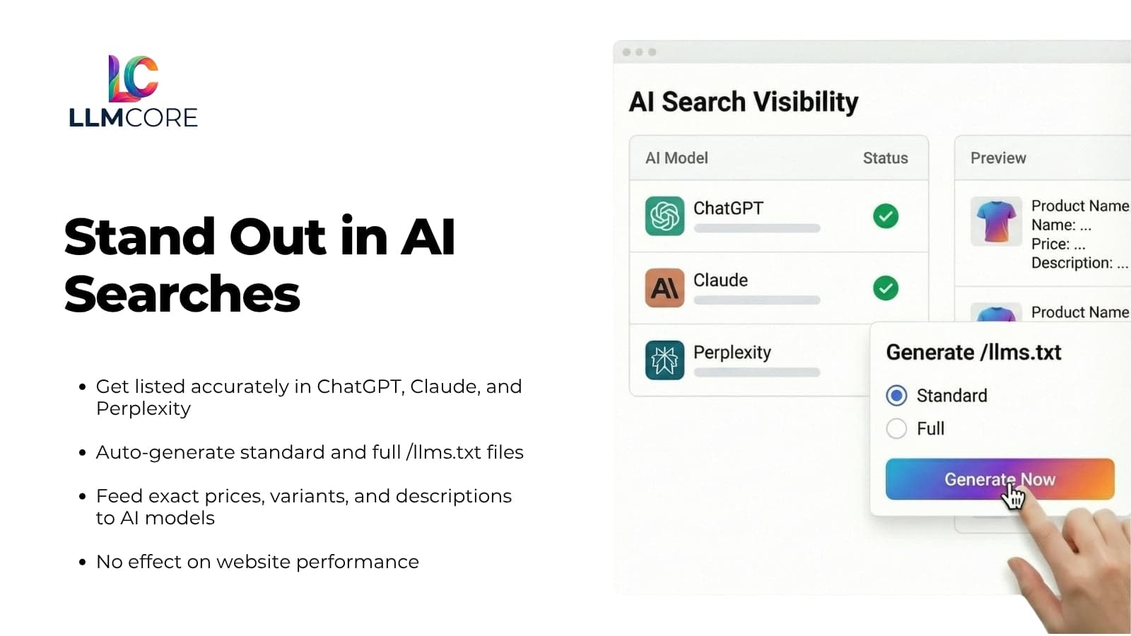LLM Core app UI showing AI search visibility features.