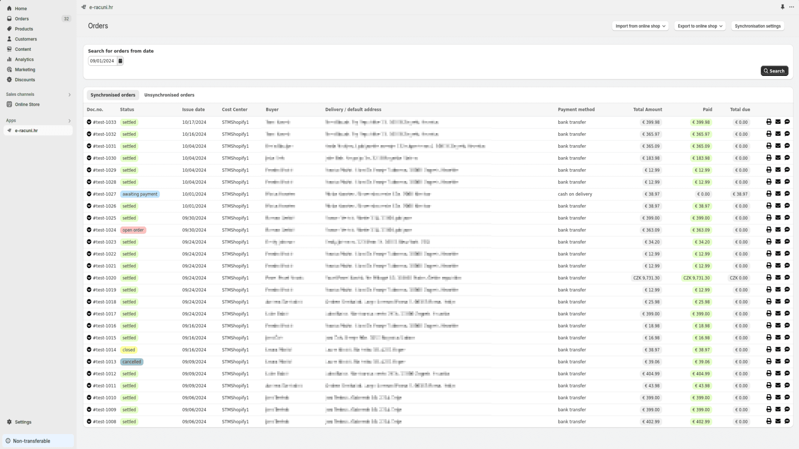 Overview of synchronized orders inside shopify admin