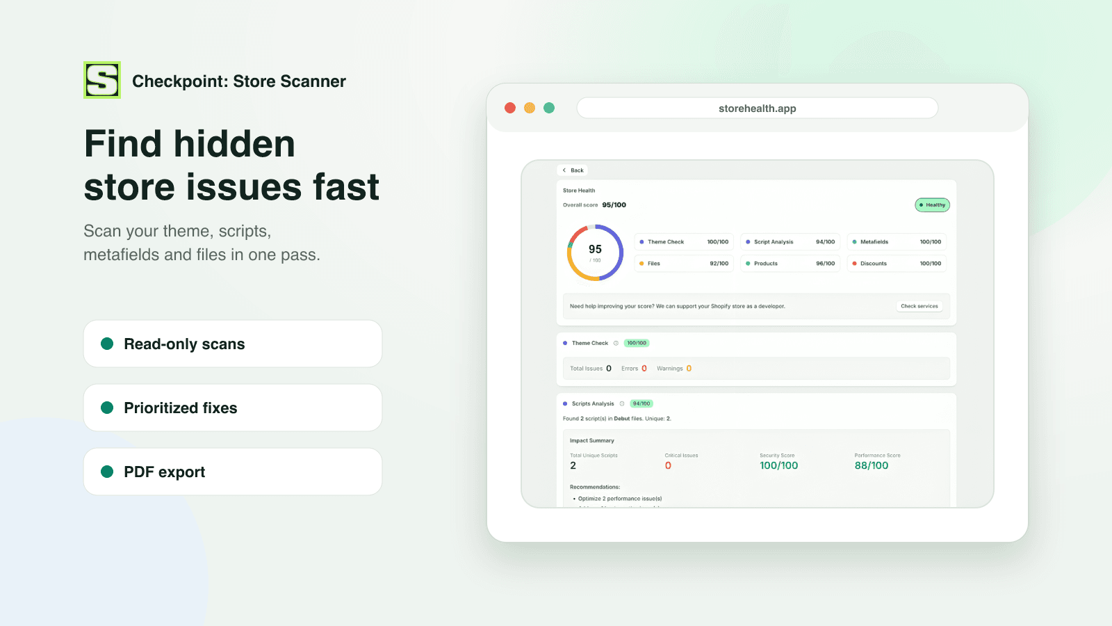 Dashboard showing Store Health score and top issues