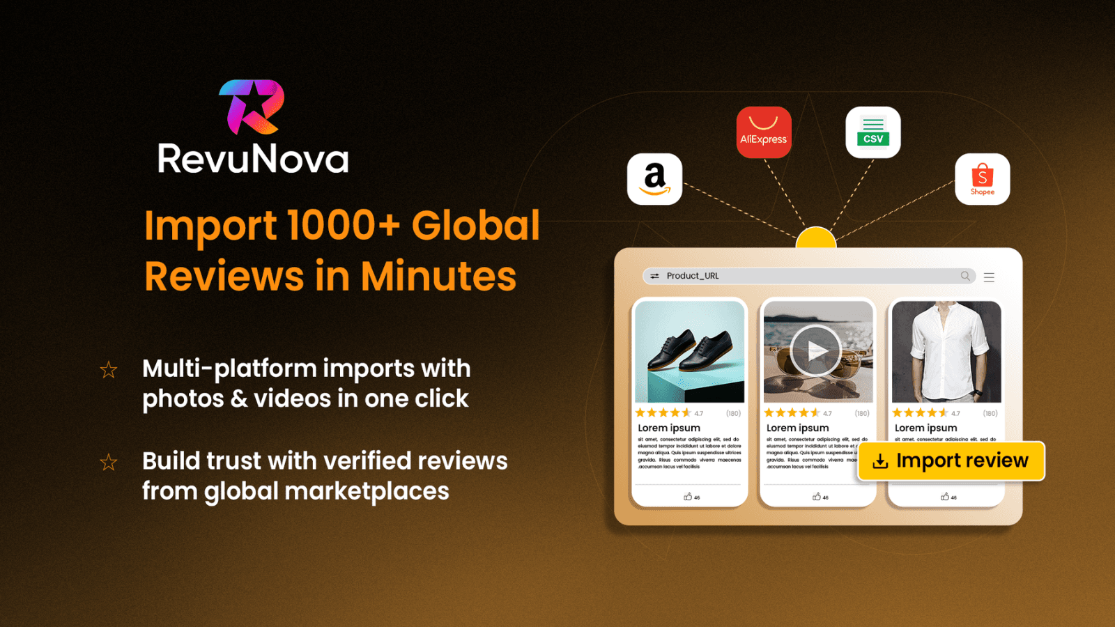 RevuNova: Import reviews from AliExpress, Amazon, Shopee, & CSV
