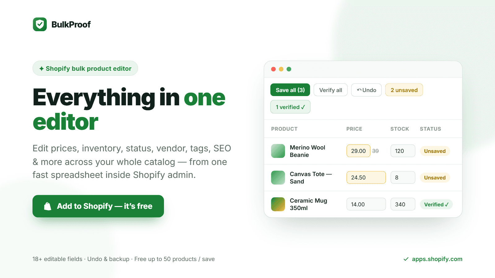 BulkProof bulk product editor for Shopify