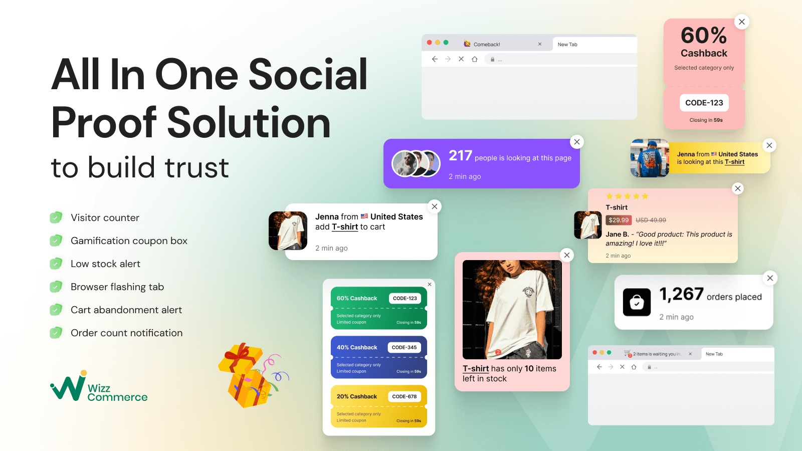 Social proof, sales pop up, visitor counter, stock counter