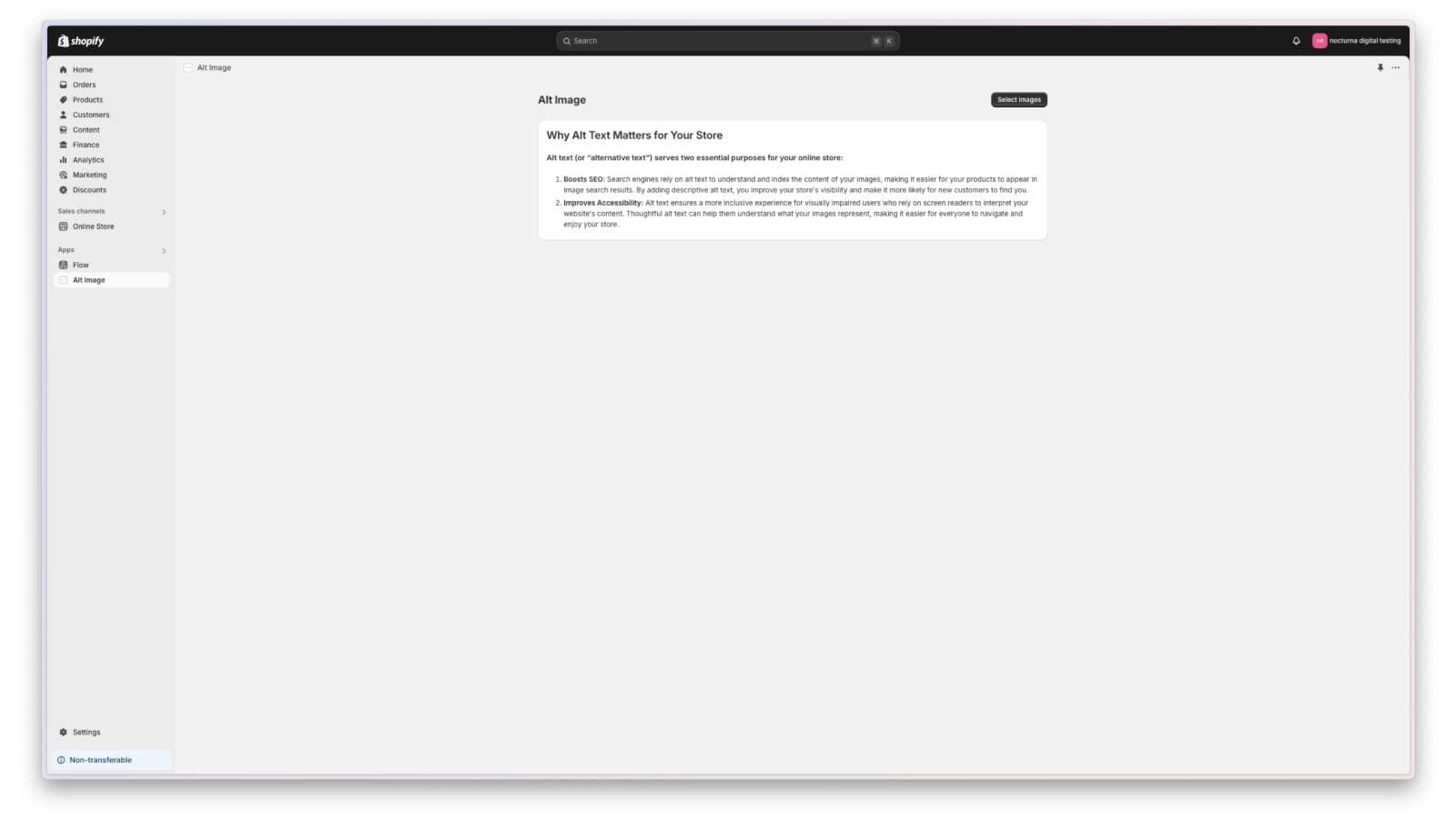 The landing page of the Nocturna Digital: Alt Image shopify app