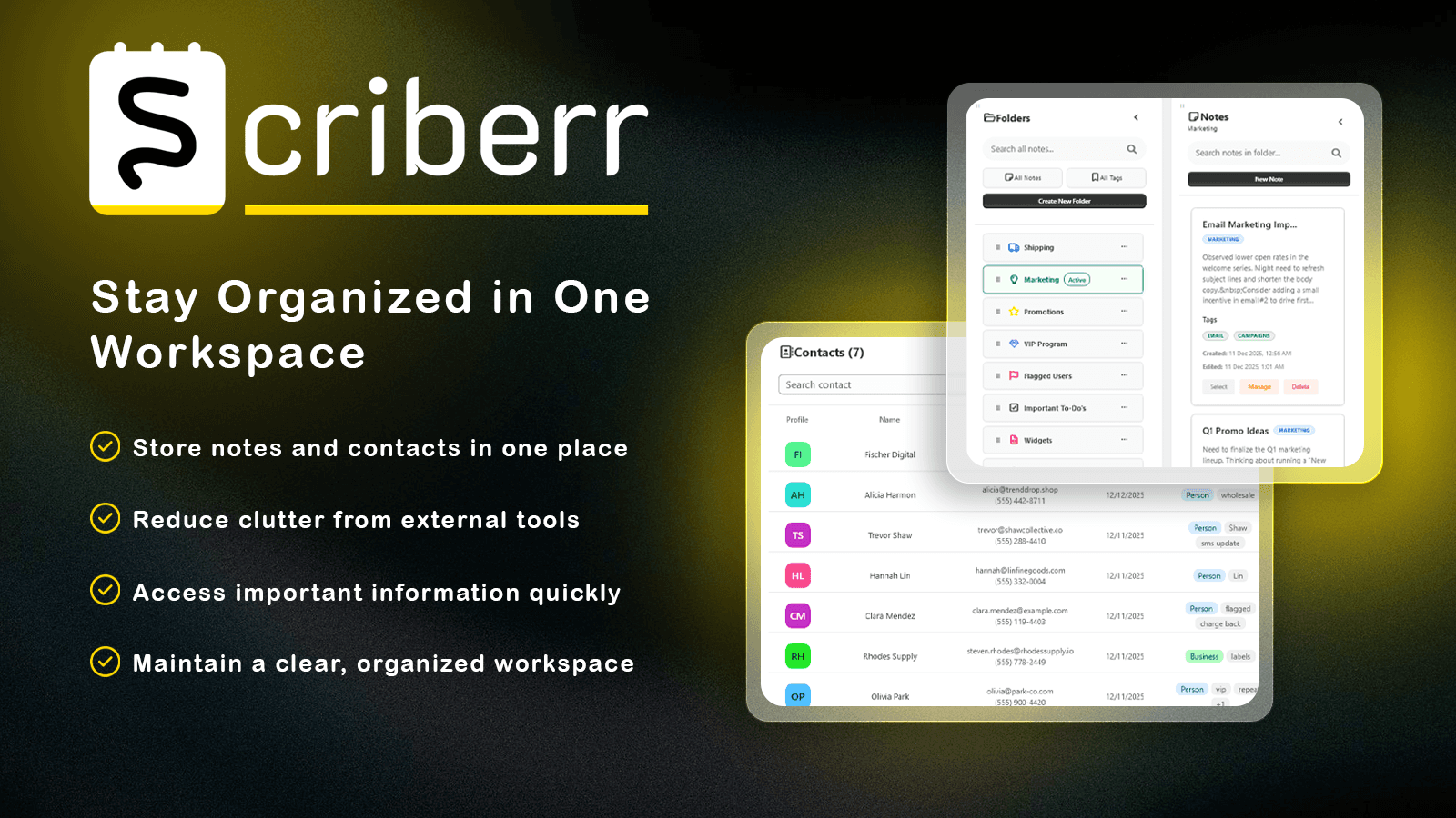 Scriberr app showing organized notes, contacts, and folders