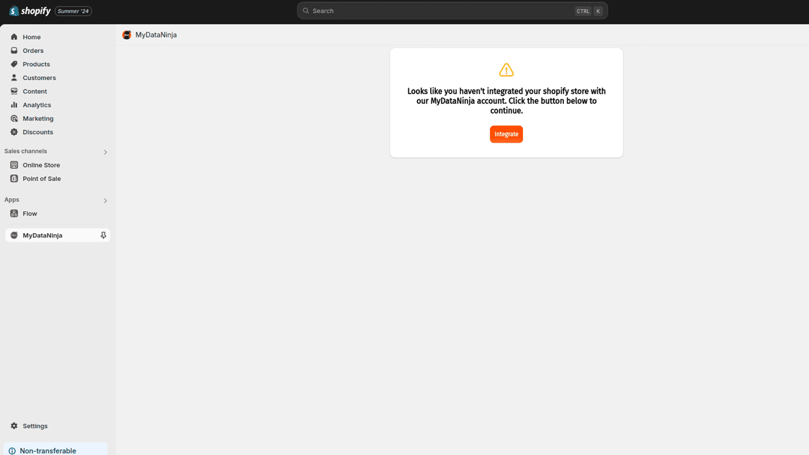 Page in the MyDataNinja Shopify app to start the integration.