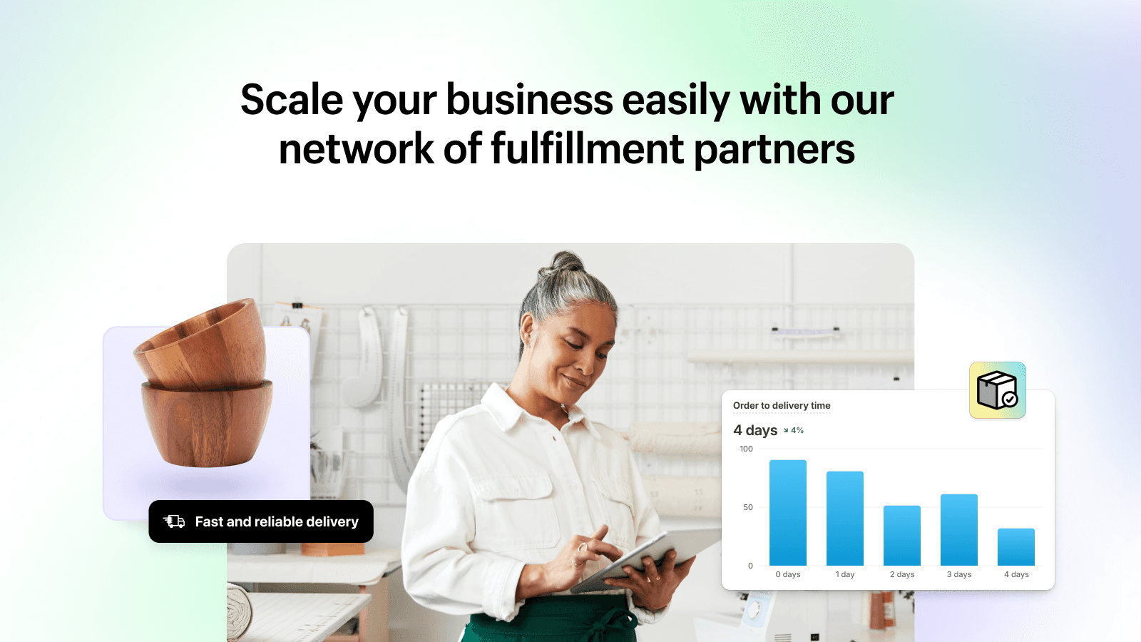 A business owner checking her orders on a tablet.