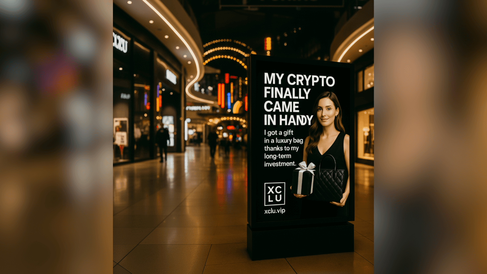 XCLU ad: woman with gift box and bag, text about crypto unlockin