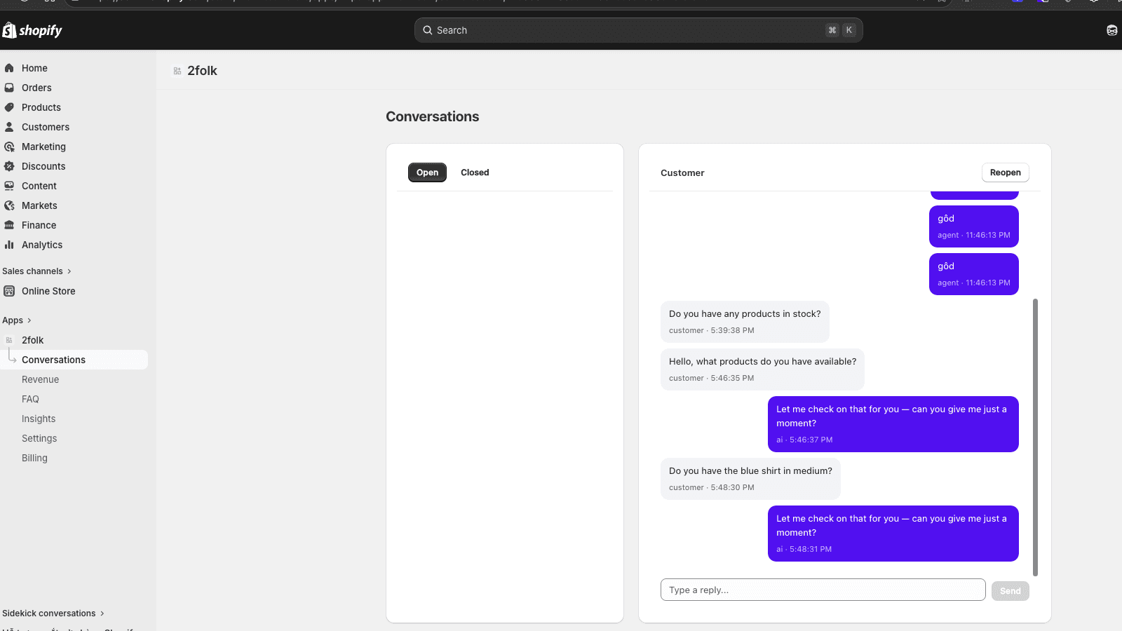 Conversations dashboard showing AI chat replies and customer m