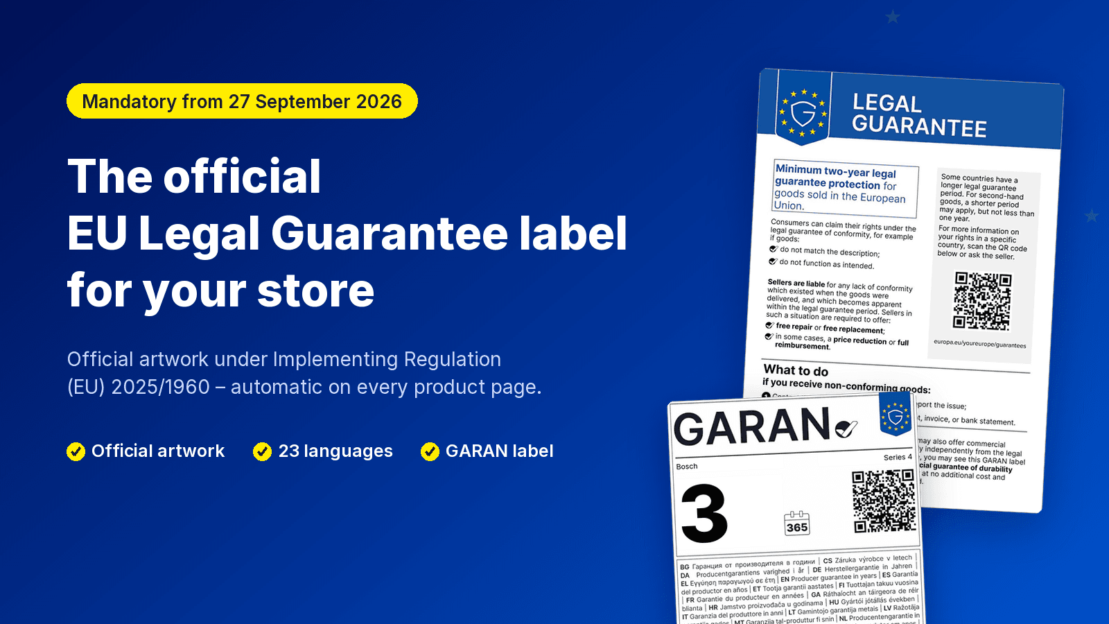 Official EU legal guarantee label with GARAN label preview