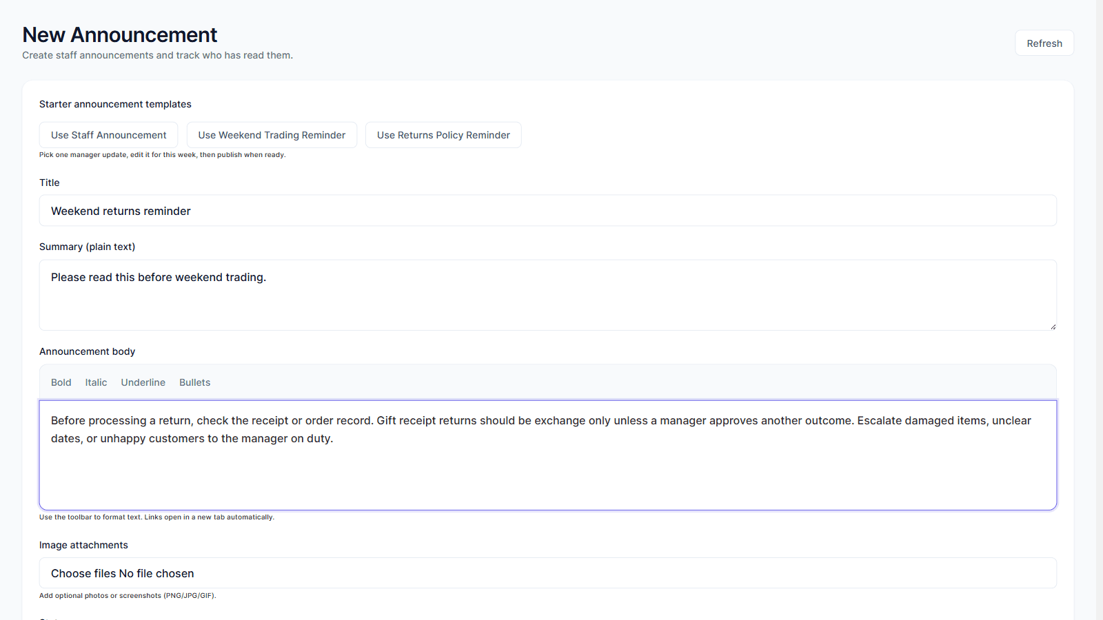 Publish staff updates from Shopify admin