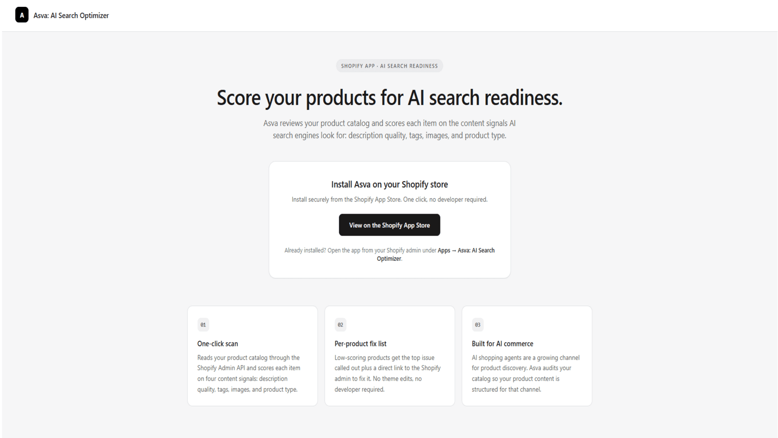 Asva landing page with Shopify install CTA and feature cards