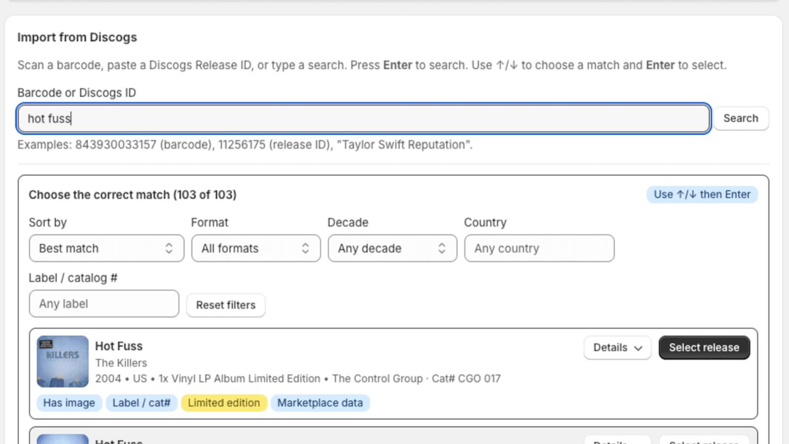 Search Discogs, review matches, create products