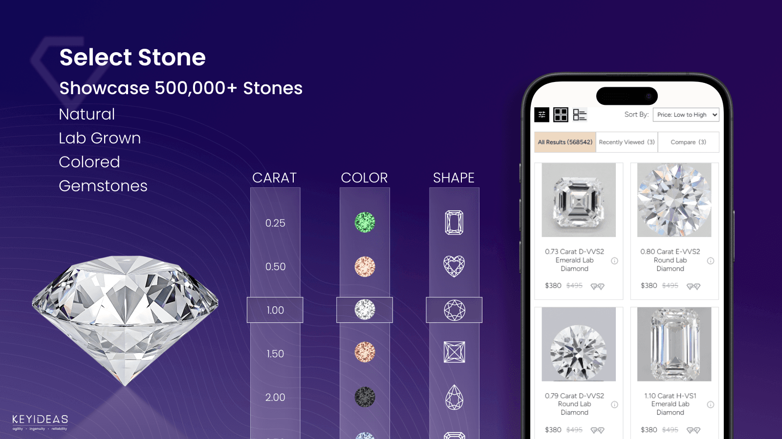 500,000+ diamonds search by carat, color, cut, clarity & GIA IGI