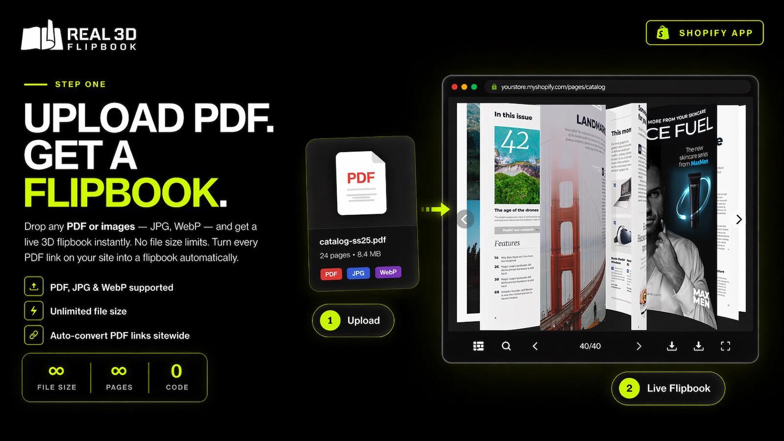 Upload a PDF or images and instantly convert it to a 3D flipbook