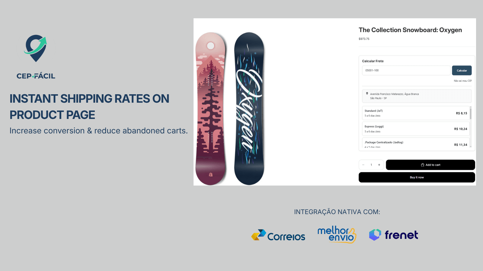 Widget de frete na PDP: Correios, Melhor Envio e Frenet