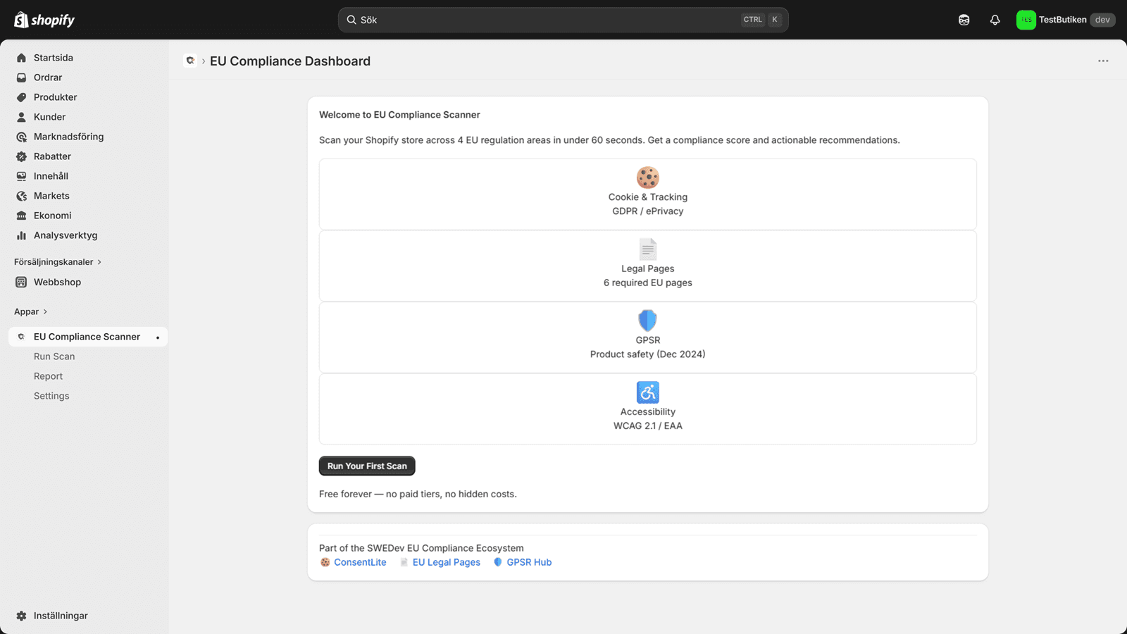 Install and scan your store across 4 EU compliance areas