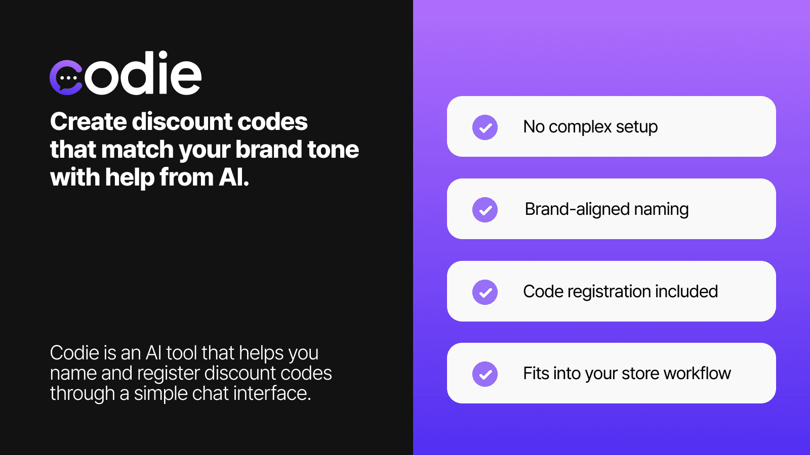 Codie app: brand tone code generator with 4 feature bullets