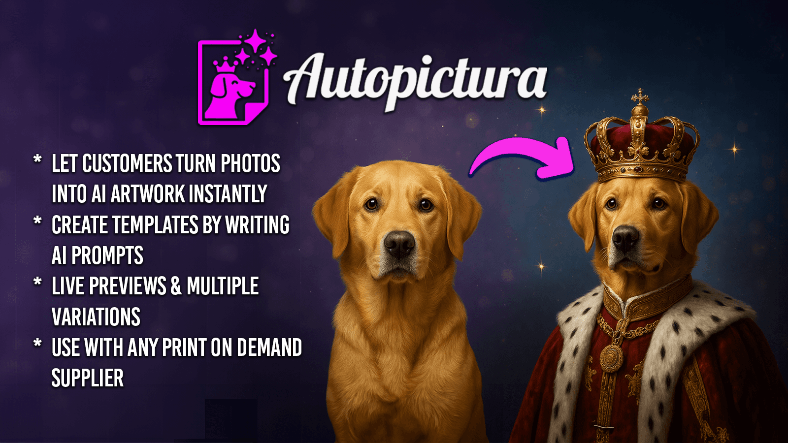 Banner showing functions of app and example of AI generation