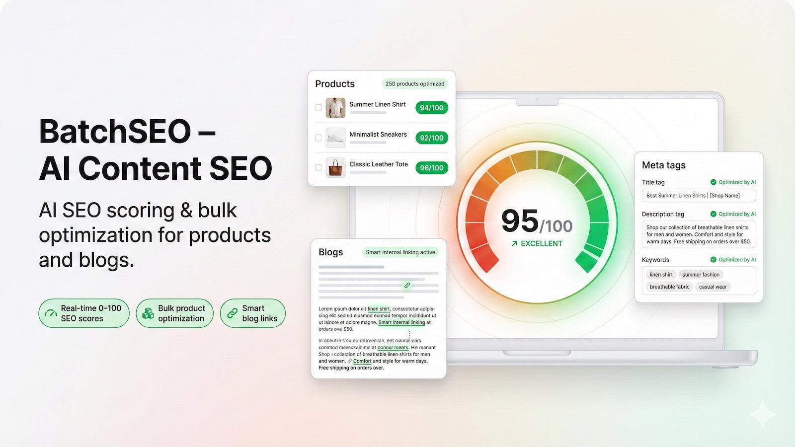 BatchSEO dashboard displaying product SEO scores