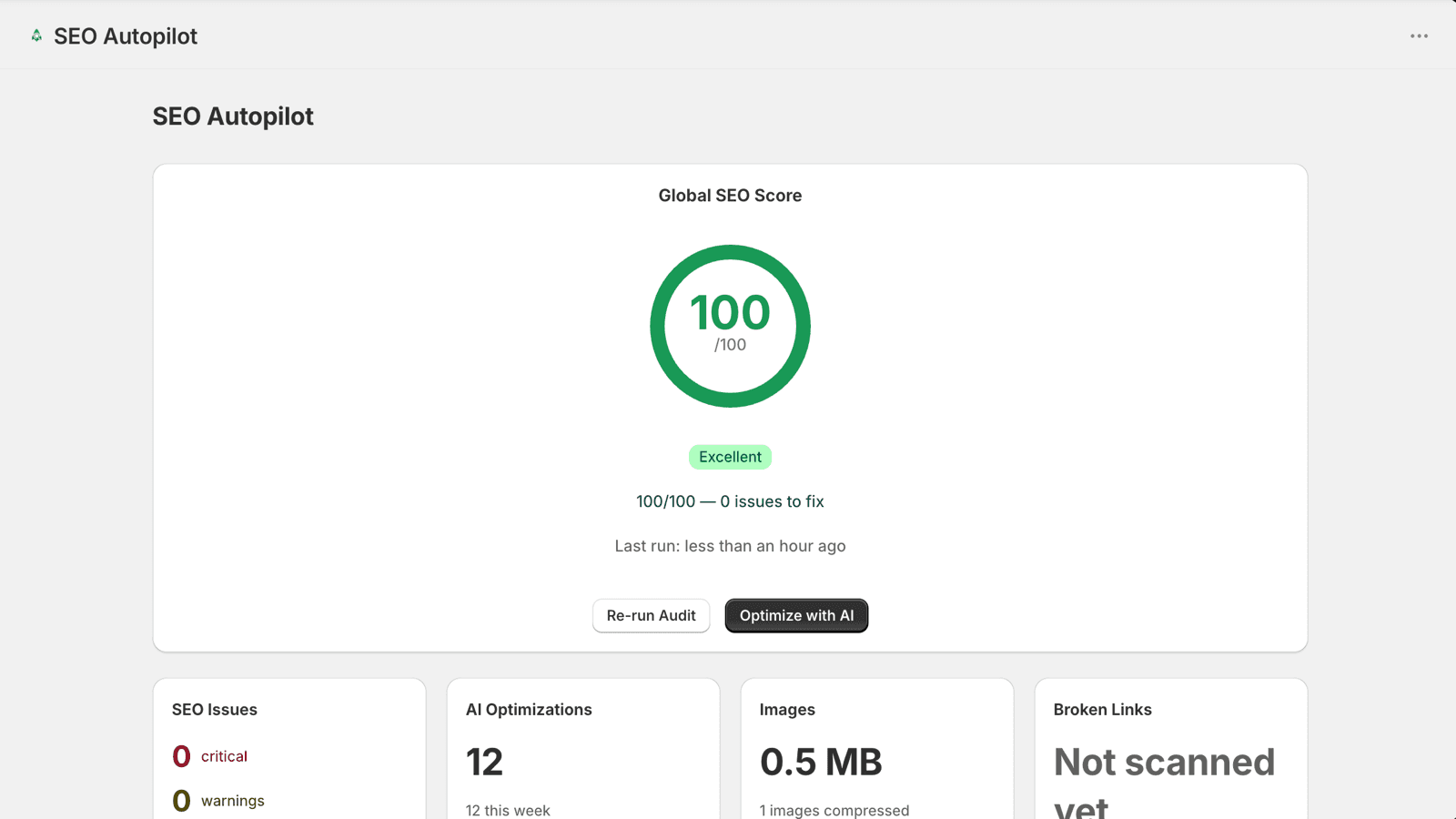 SEO Autopilot dashboard showing a perfect 100/100 SEO score.