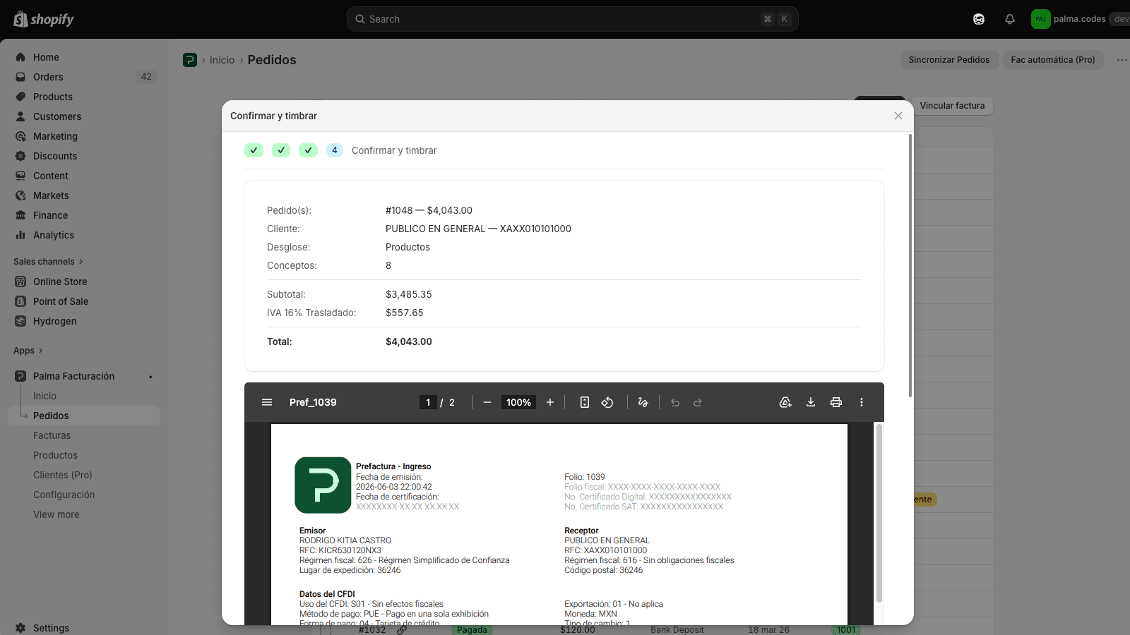 factura pedidos shopify