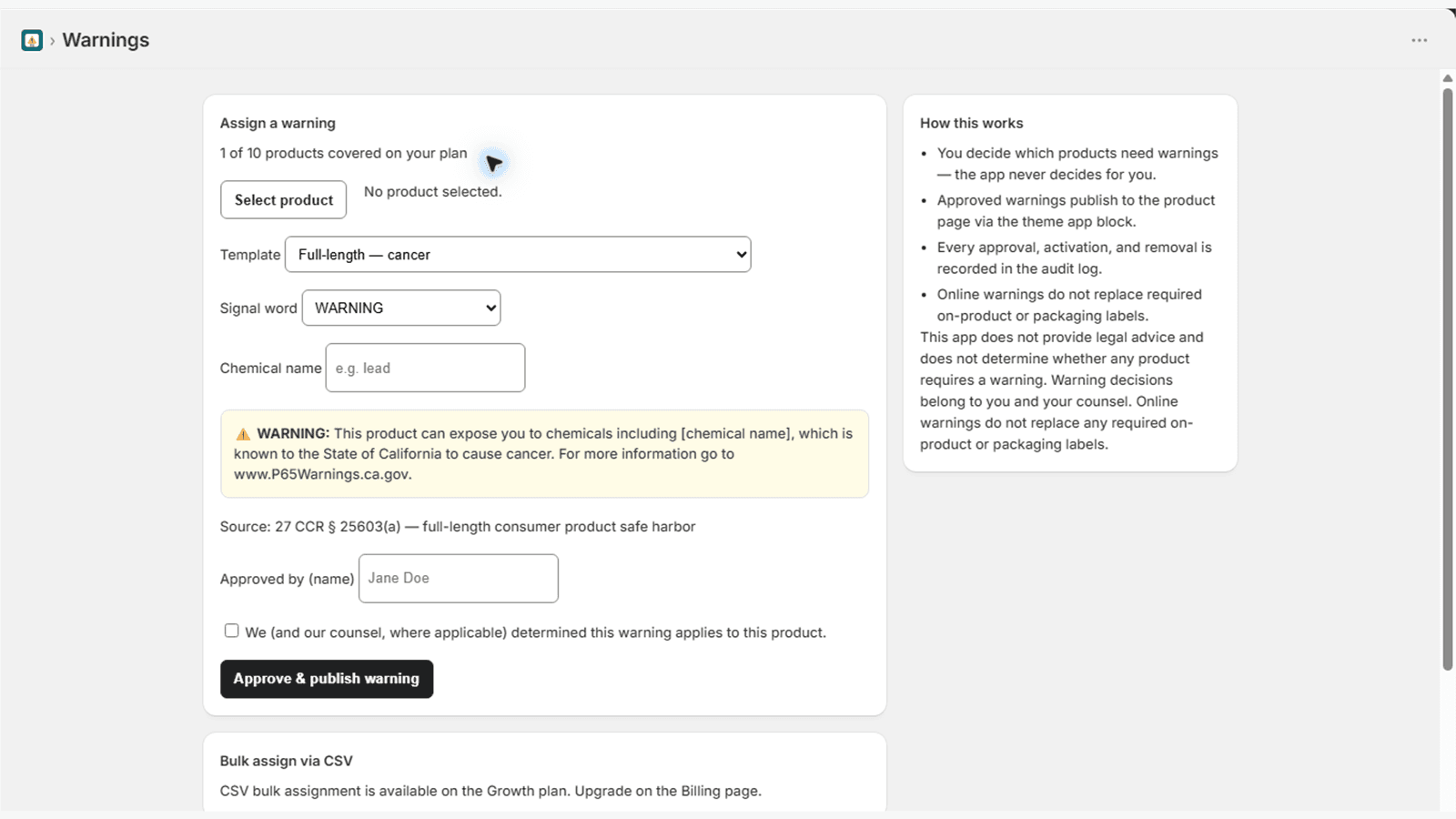 Warning assignment form with product preview and templates