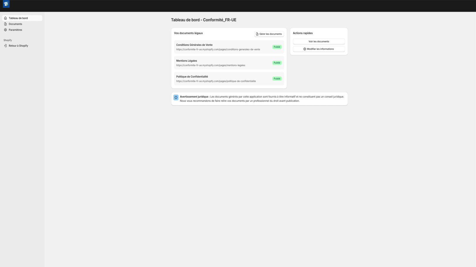 Tableau de bord Conformité FR/UE avec documents légaux générés