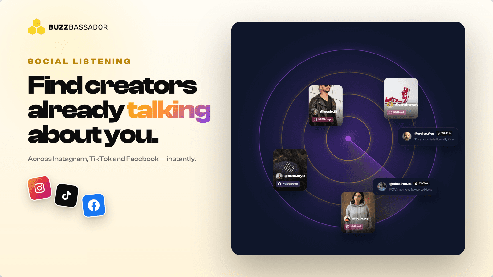 Social Listening: creator mentions across IG, Tiktok, Facebook