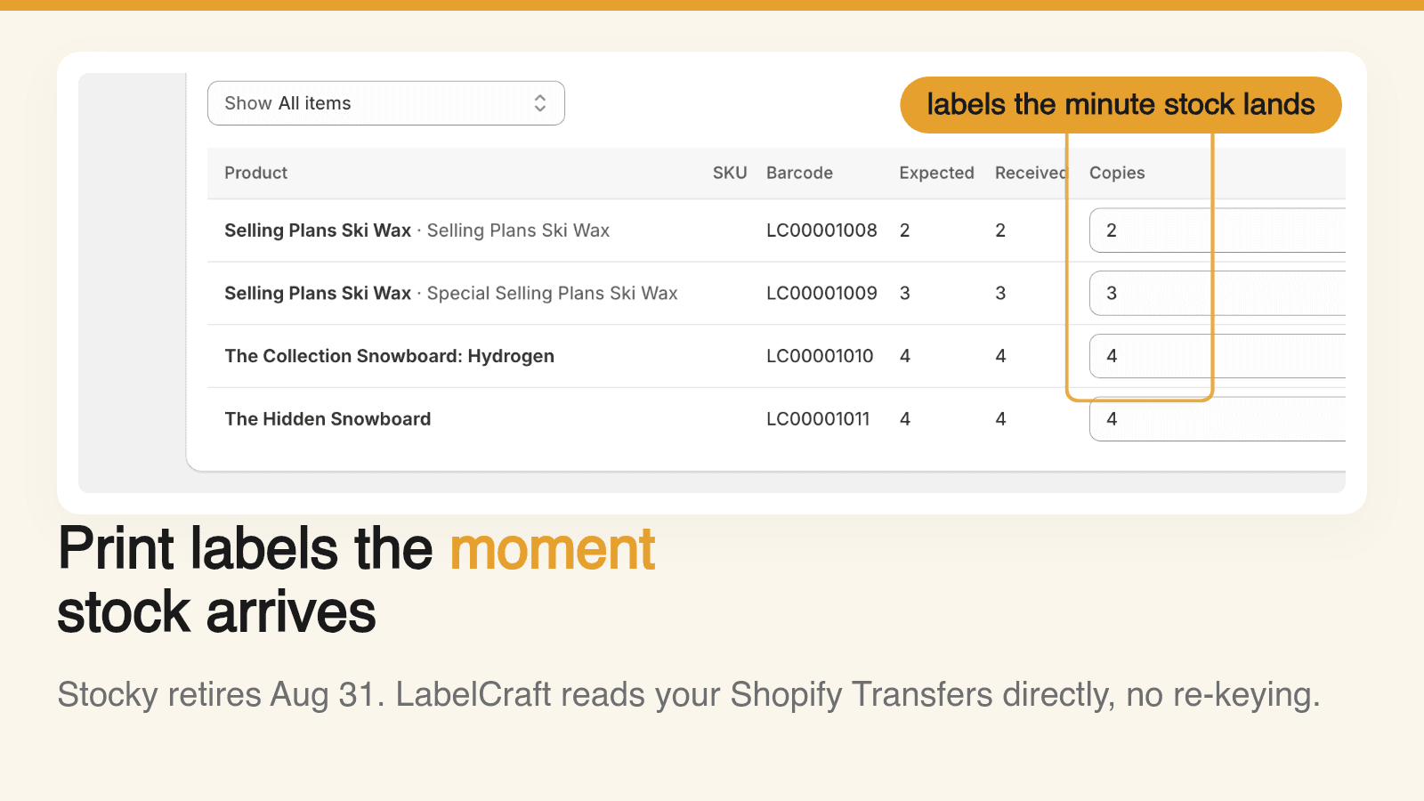 Print barcode labels from a received Shopify Transfer