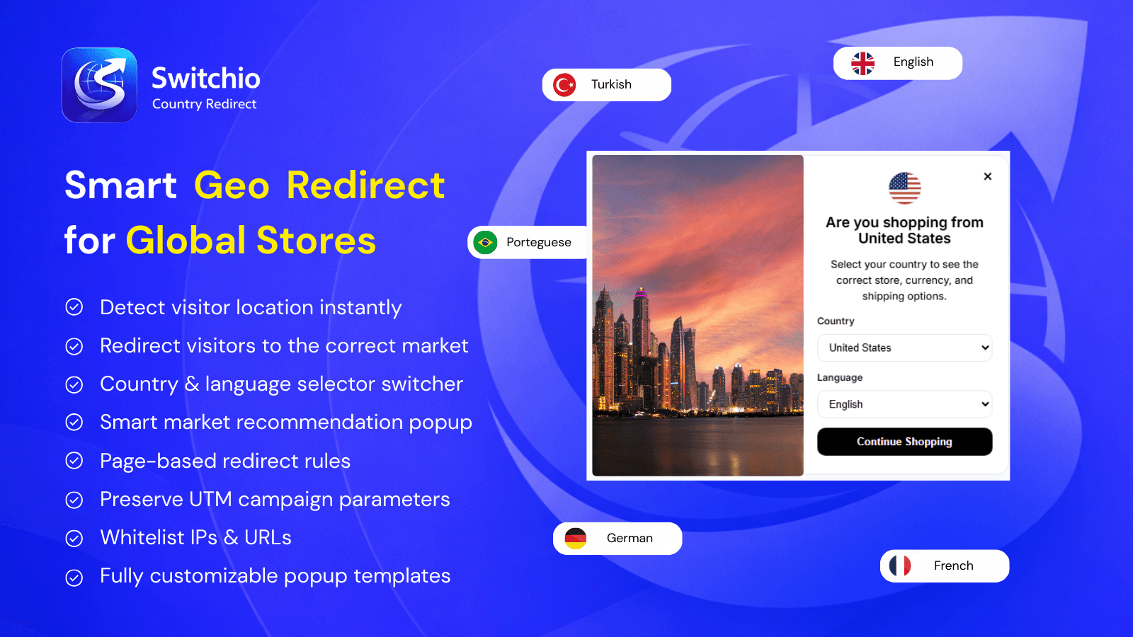 Geo redirect popup with country, language and market selector