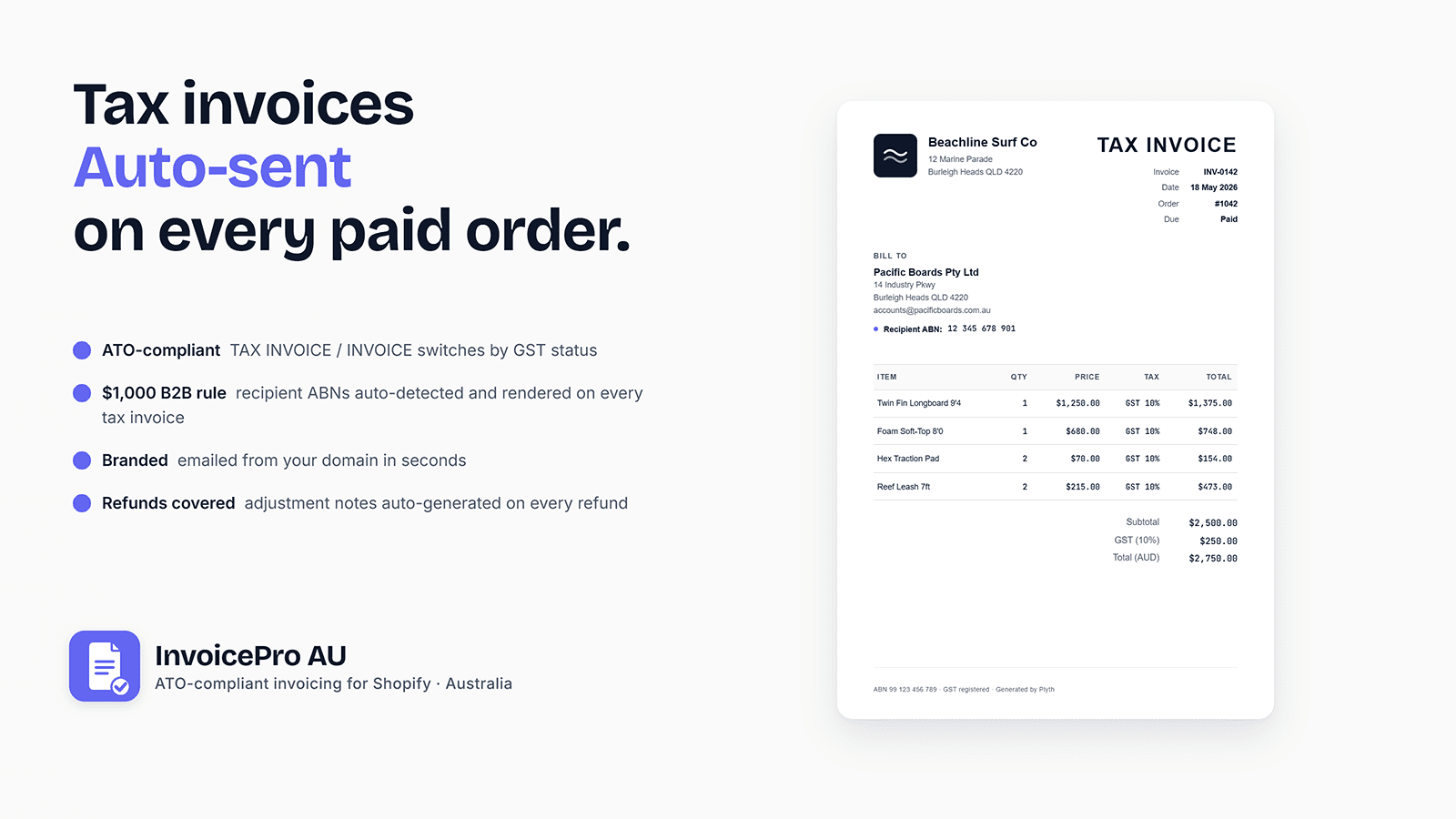 ATO-compliant tax invoice PDF auto-emailed on a paid order