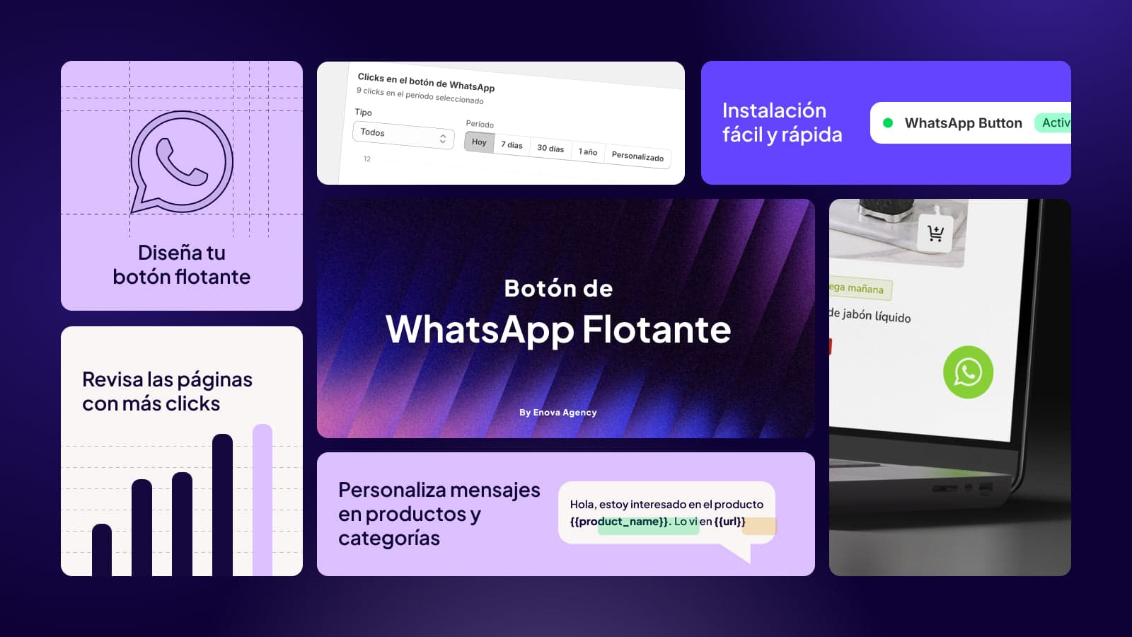 botón flotante, plantillas, métricas e instalación rápida