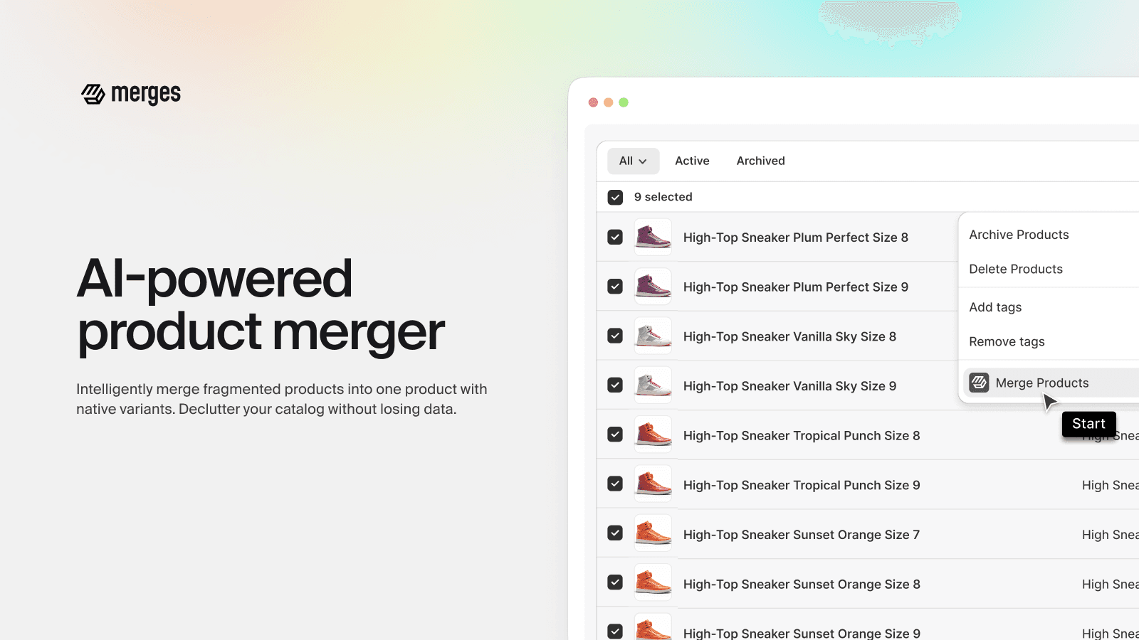 Multiple products selected with Merge Products bulk action