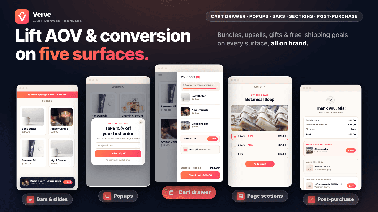 Verve cart drawer styled to match a store brand, light and dark