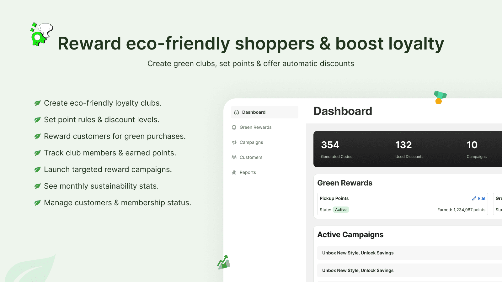 Eco loyalty app dashboard with green rewards & campaigns