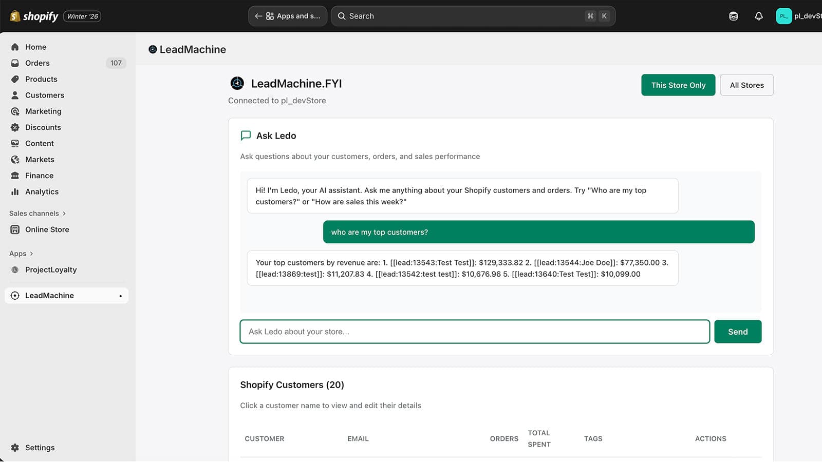 Dashboard view with Ledo AI assistant, LeadMachine.fyi