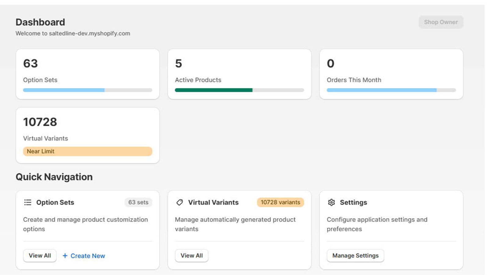 Product Options dashboard showing option sets and management