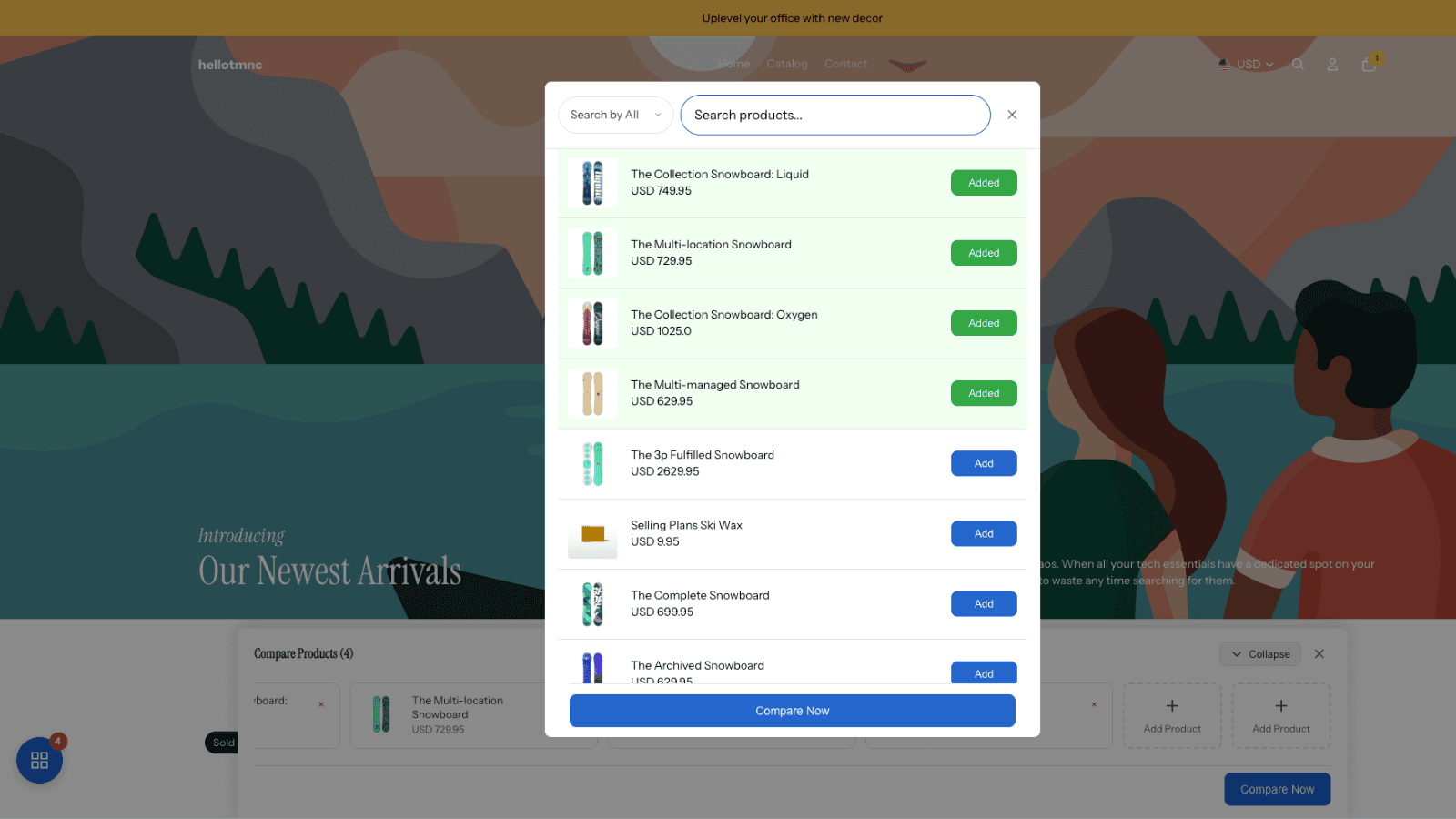 Product comparison popup showing added products