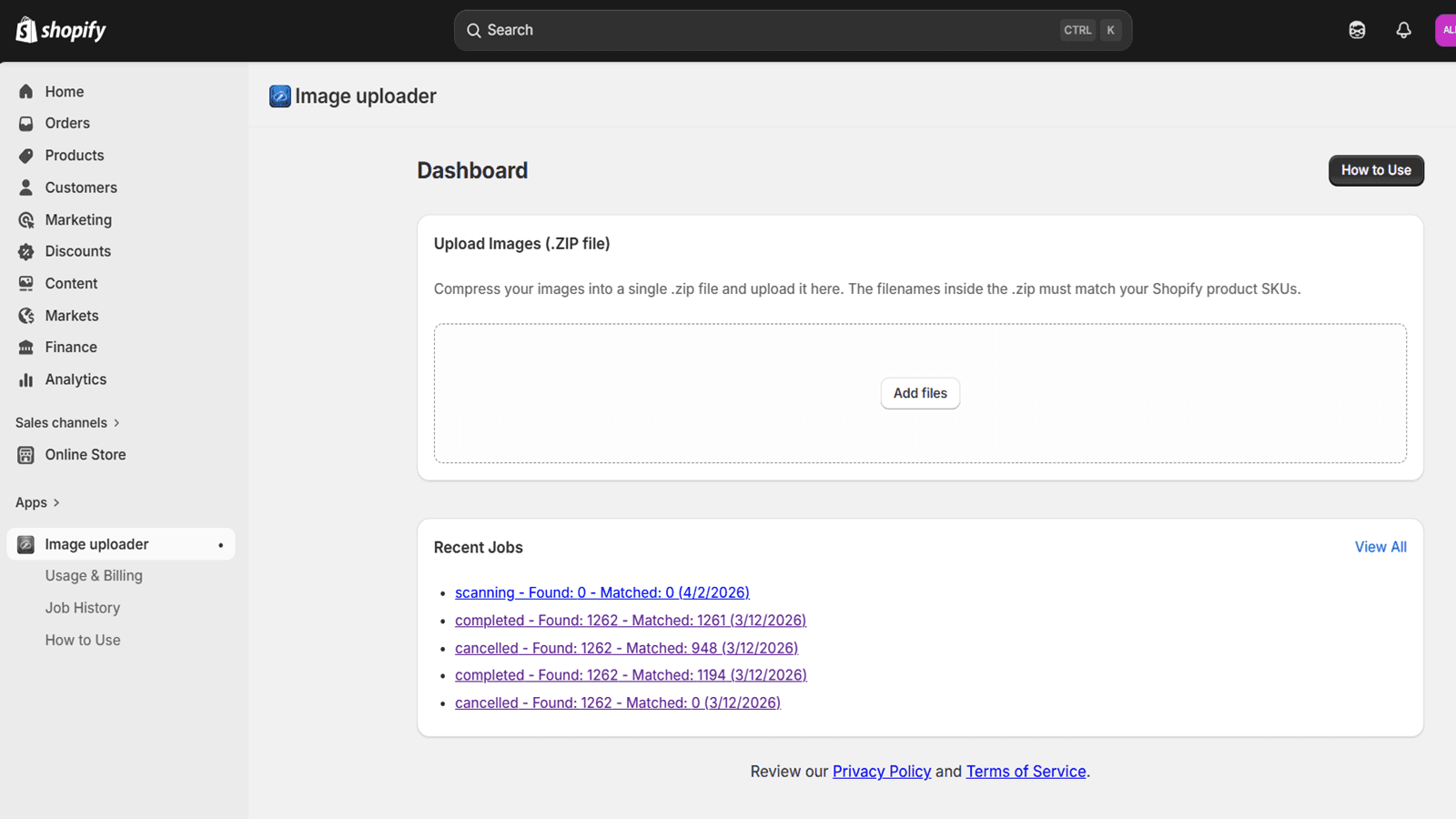 Dashboard showing ZIP upload and matched products