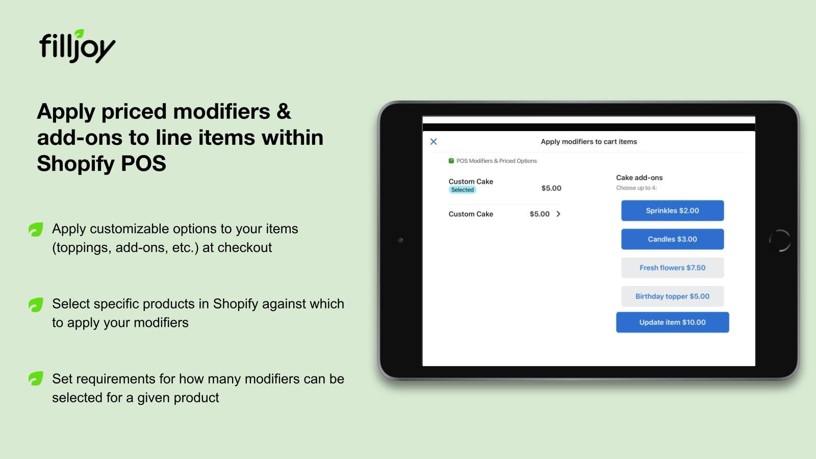 Apply priced modifiers and add-ons to line items within POS