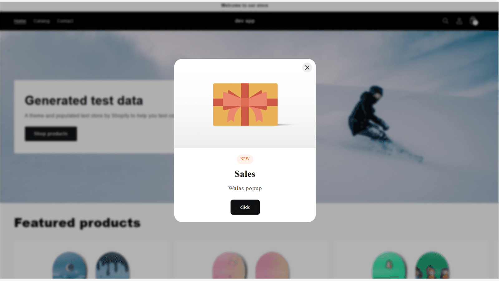 Walas Popup announcement shown on a store home page