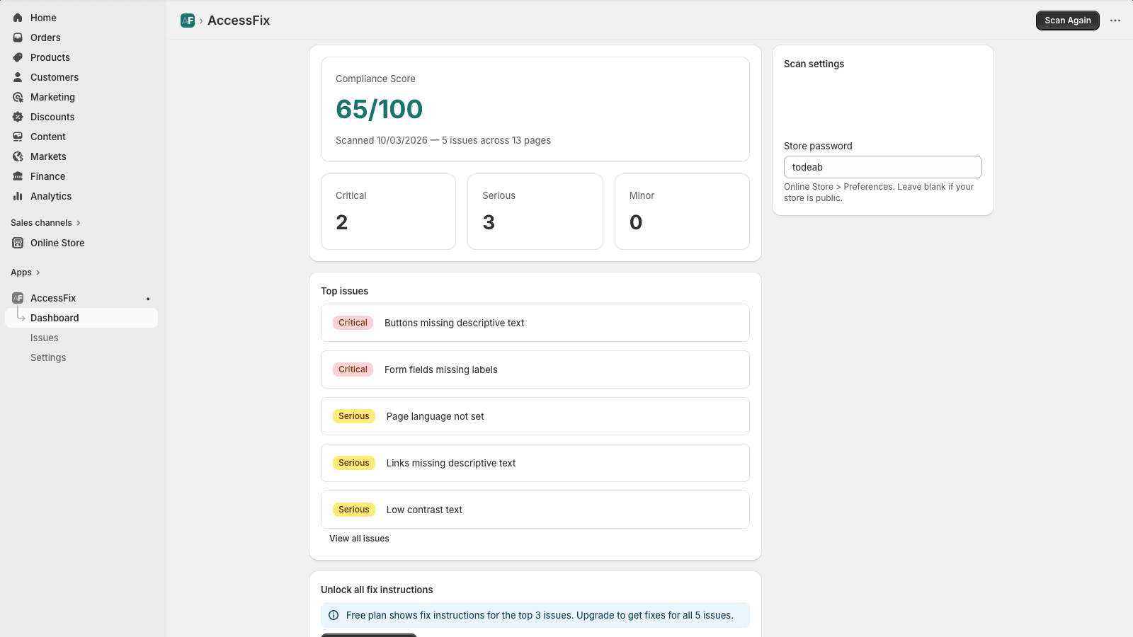 Dashboard showing scan results of the merchant's store