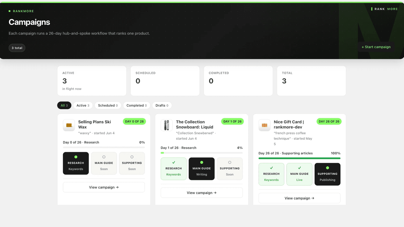 Three SEO campaigns running, each with day-by-day progress