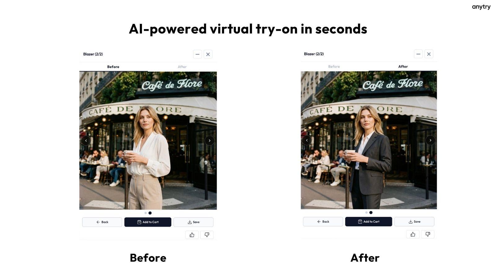 Before and after virtual try-on comparison showing AI-generated
