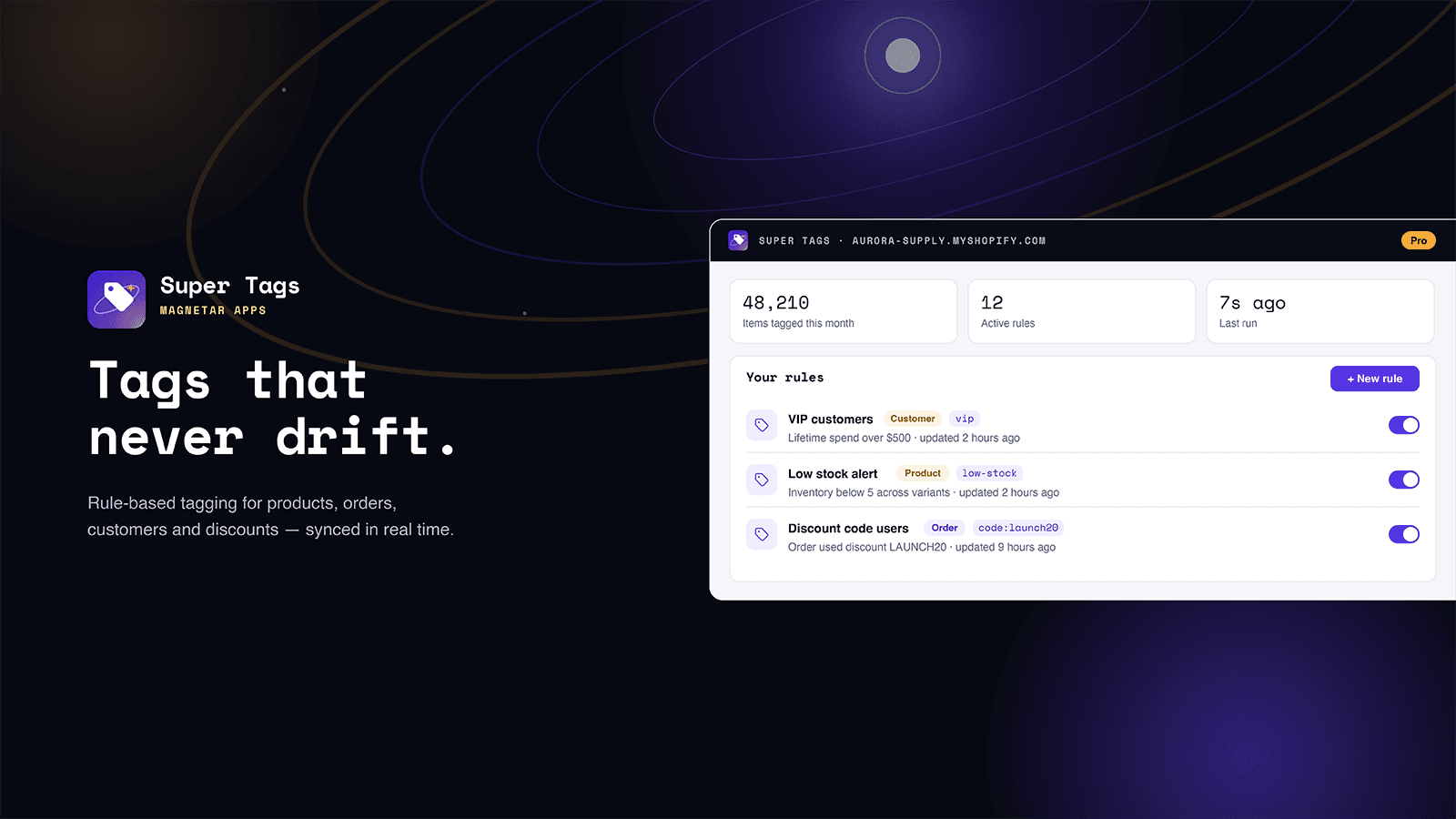 Super Tags dashboard with rule-based auto-tagging in Shopify